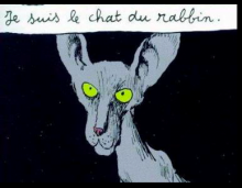 A still from The Rabbi's Cat, featuring a grey cat speaking in French.
