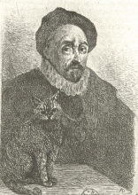 Etching of philosopher and cat 