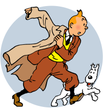 A drawing of Tintin and his dog, Milou (Snowy in English)
