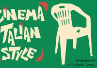 A plastic chair over a green background. Text reads "Cinema Italian Style" and provides event details.