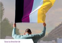 A person holds the nonbinary flag over their head.