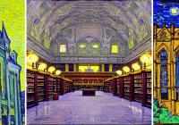 Collage of images generated with the Stable Diffusion model and prompt "Suzzallo Library in the style of Vincent van Gogh"