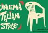 A plastic chair over a green background. Text reads "Cinema Italian Style" and provides event details.