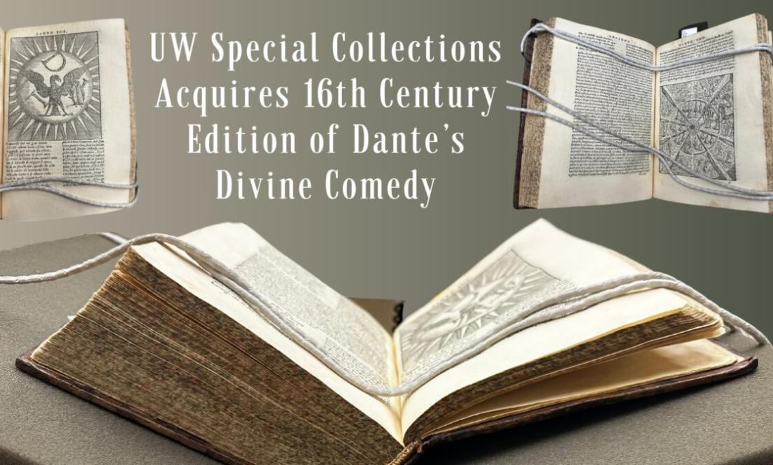 Different pages of the 16th century edition of Dante's Divine Comedy are displayed in a collage.